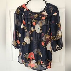 LC Lauren Conrad Navy Floral Sheer Blouse